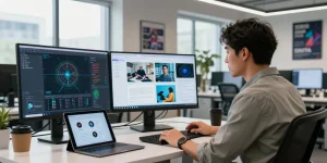 Analyst using a free ai detector in a modern digital workspace, showcasing advanced AI image analysis.