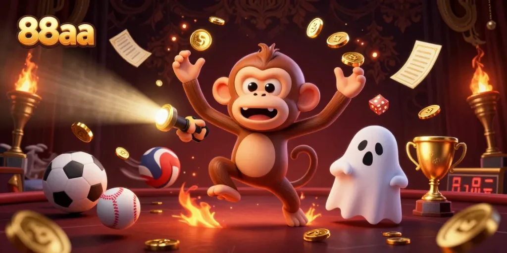 Experience thrilling gaming antics at 88aa with a poltergeist monkey juggling golden objects in a haunted casino.