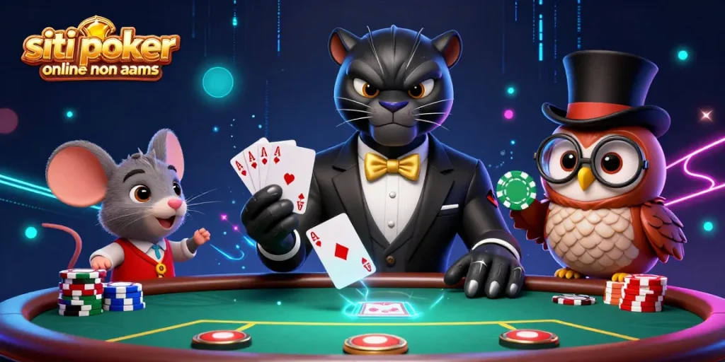 Siti poker online non AAMS: gioca a poker con personaggi colorati in un ambiente vivace