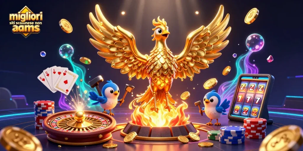 I migliori siti scommesse non AAMS presentano un'illustrazione 3D mozzafiato con un fenice dorata, monete e giochi d'azzardo.