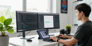 快连 software development workspace with dual monitors showing code, showcasing a modern tech environment.