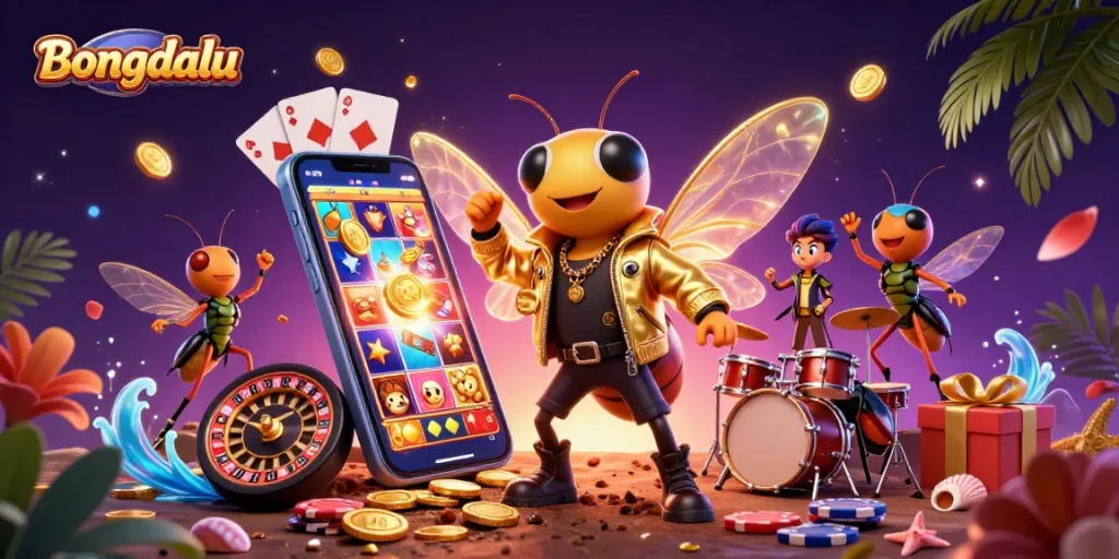 Bongdalu captures excitement in a vibrant 3D illustration of a rock star cicada and friends at a lively casino scene.