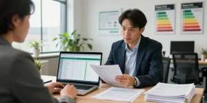 Business consultant analyzing climate change levy exemption details on energy bill
