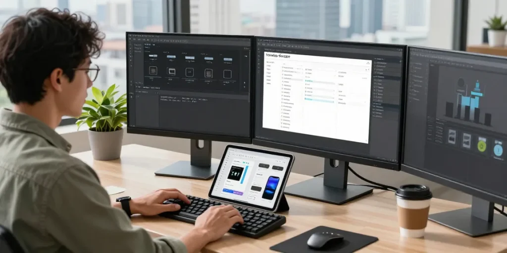 Workspace showcasing snipaste下载 features on dual monitors in a modern office.