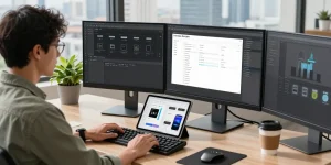 Workspace showcasing snipaste下载 features on dual monitors in a modern office.