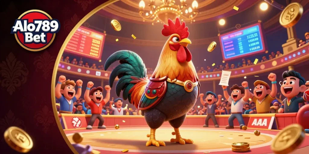 Alo789 Bet brings excitement to cockfighting with animated characters celebrating and dynamic betting displays.