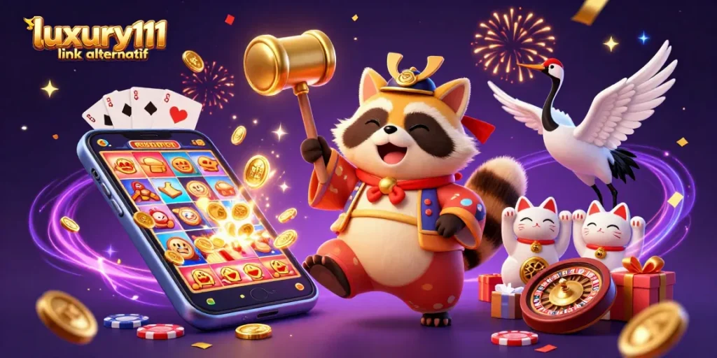 Experience the excitement at luxury111 link alternatif with a lucky tanuki and colorful slot game elements.