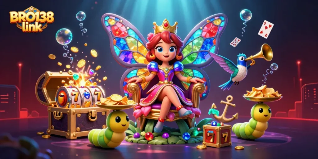 Engage with BRO138 link's vibrant casino scene featuring a butterfly queen and slot elements
