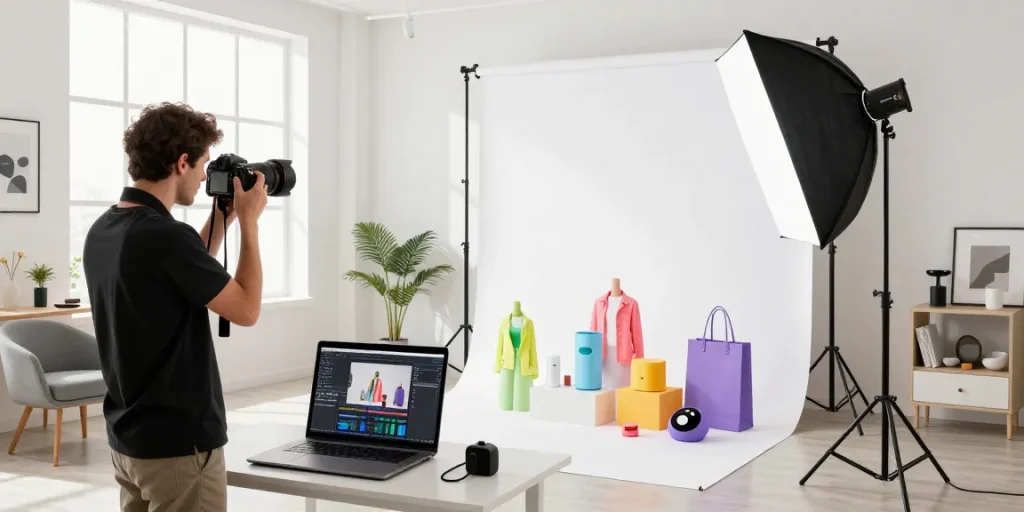 Foto professionale di un fotografo ecommerce mentre scatta immagini di prodotti in uno studio luminoso a Milano.