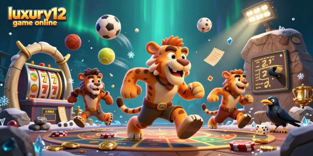 Engage in the luxury12 game online with an exciting prehistoric casino scene featuring vibrant characters and game elements.