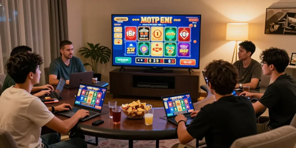 Engaged Australian players enjoying online casinos Australia games in a vibrant living room setting.