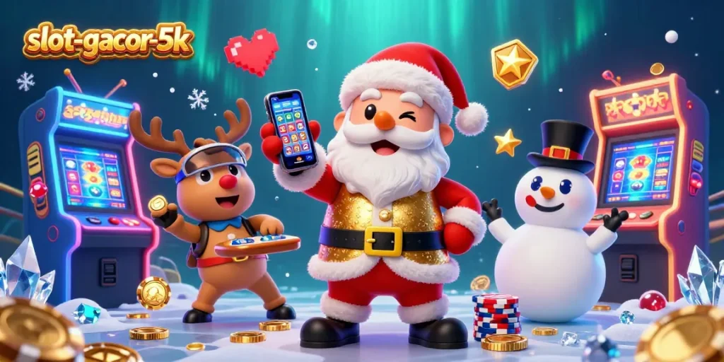 Play engaging slots at slot-gacor-5k with Santa and friends enjoying the casino experience.
