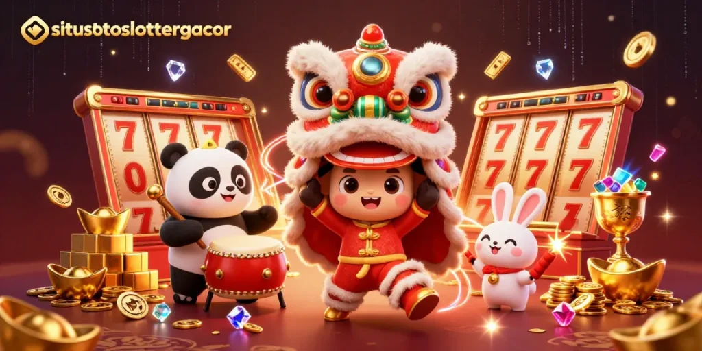 Experience the excitement at situstotoslottergacor with engaging slot reels, gold bars, and lively characters!