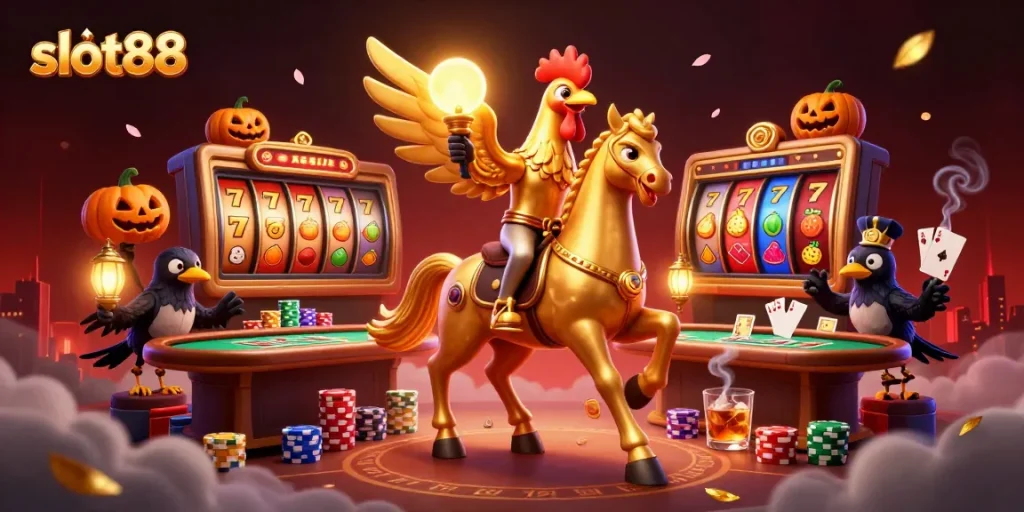 Slot88 membawa keseruan bermain dengan slot reels dan simbol beruntung dalam ilustrasi kasino malam yang megah.