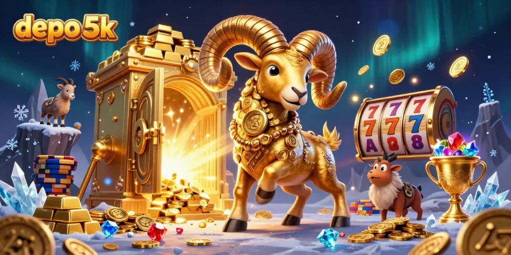 Engage with the thrilling world of depo 5k, featuring a golden ram and dynamic casino elements.