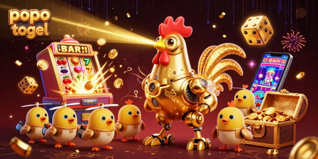 Experience the thrill of popo togel with a dazzling scene filled with animated casino elements and characters.