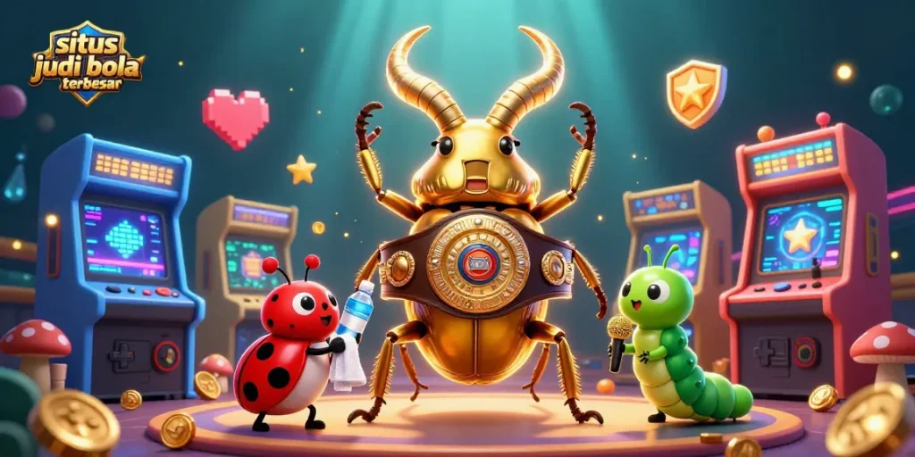 Sporting excitement at situs judi bola terbesar with a boxing beetle and vibrant arcade elements.