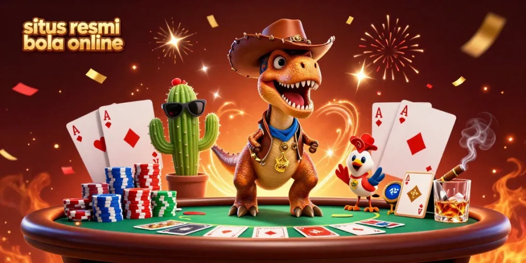 Engage with situs resmi bola online as a playful dinosaur and friends celebrate big wins at a vibrant poker table.